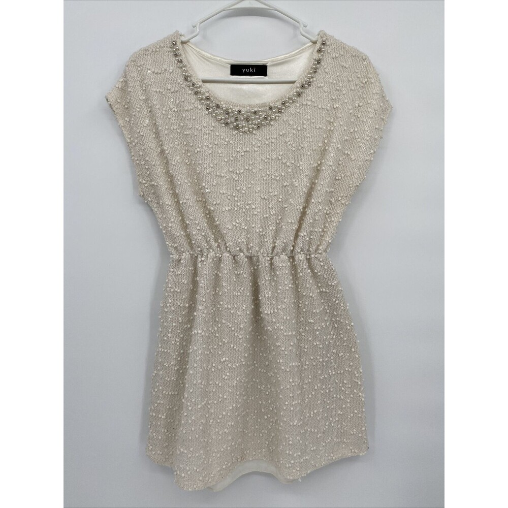 Yuki Women's Stretch Beaded Neck Cap Sleeve Fit & Flare Mini Dress Oatmeal Small